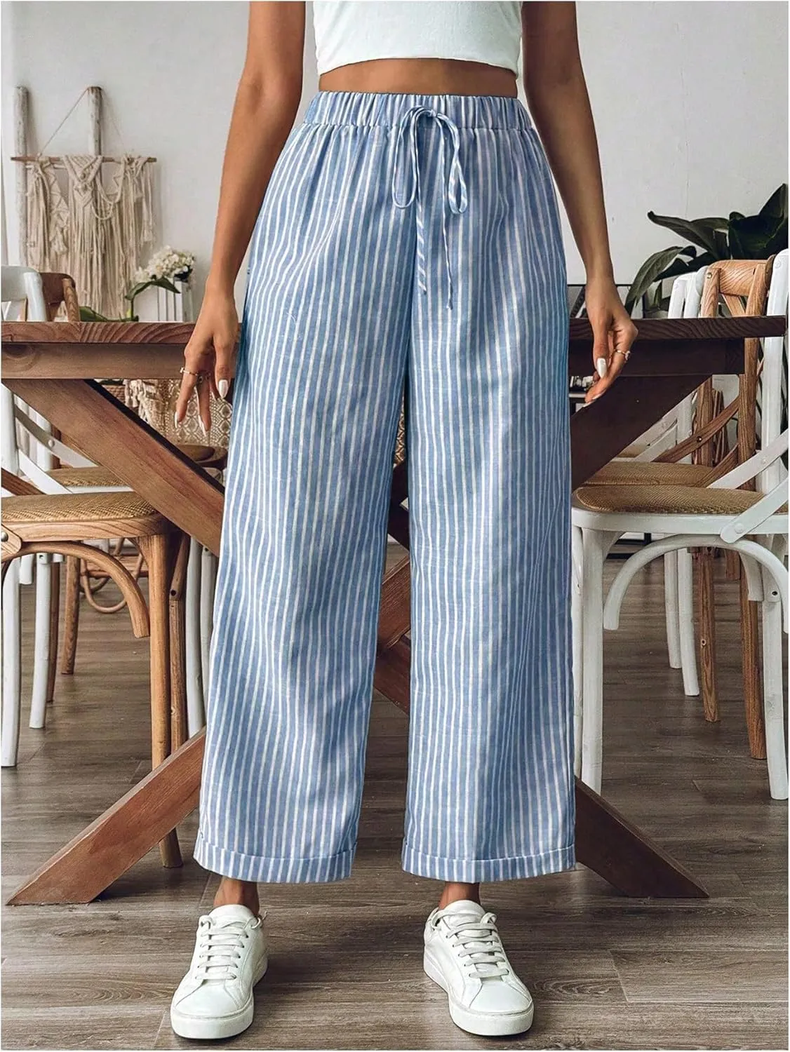 SOLY HUX Women's Striped Pants Tie Front High Waisted Wide Leg Pants with Pockets