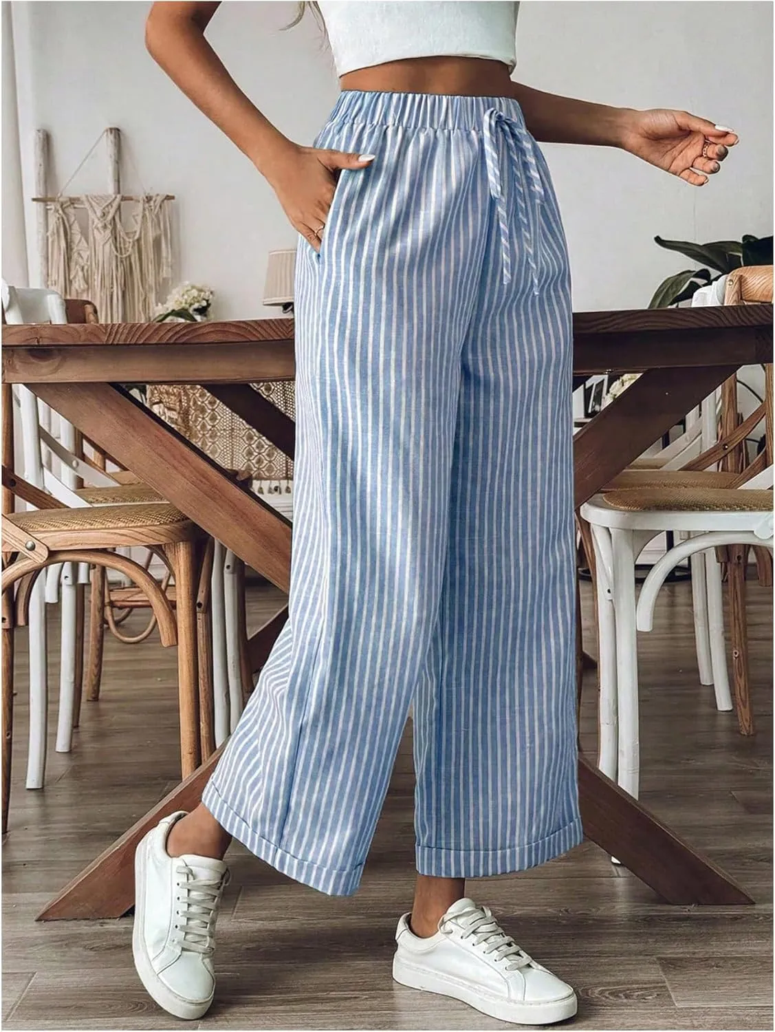 SOLY HUX Women's Striped Pants Tie Front High Waisted Wide Leg Pants with Pockets