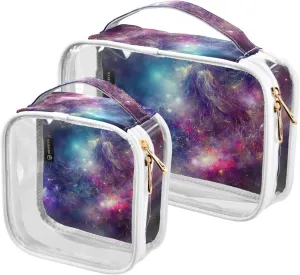 Space-background 2 Pack Clear Toiletry Bag Women Men, Portable Waterproof Clear Pouch, Cosmetic Bag with Double Zippers Large Opening Traveling with Handle for Bathroom Traveling Vacation Organizing