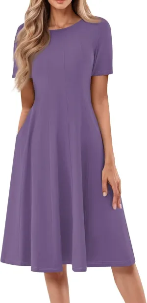 Spring Dresses for Women 2025 Cinched Waist Short Sleeve with Side Pocket Women Dress Plus Size Midi Crewneck Dress