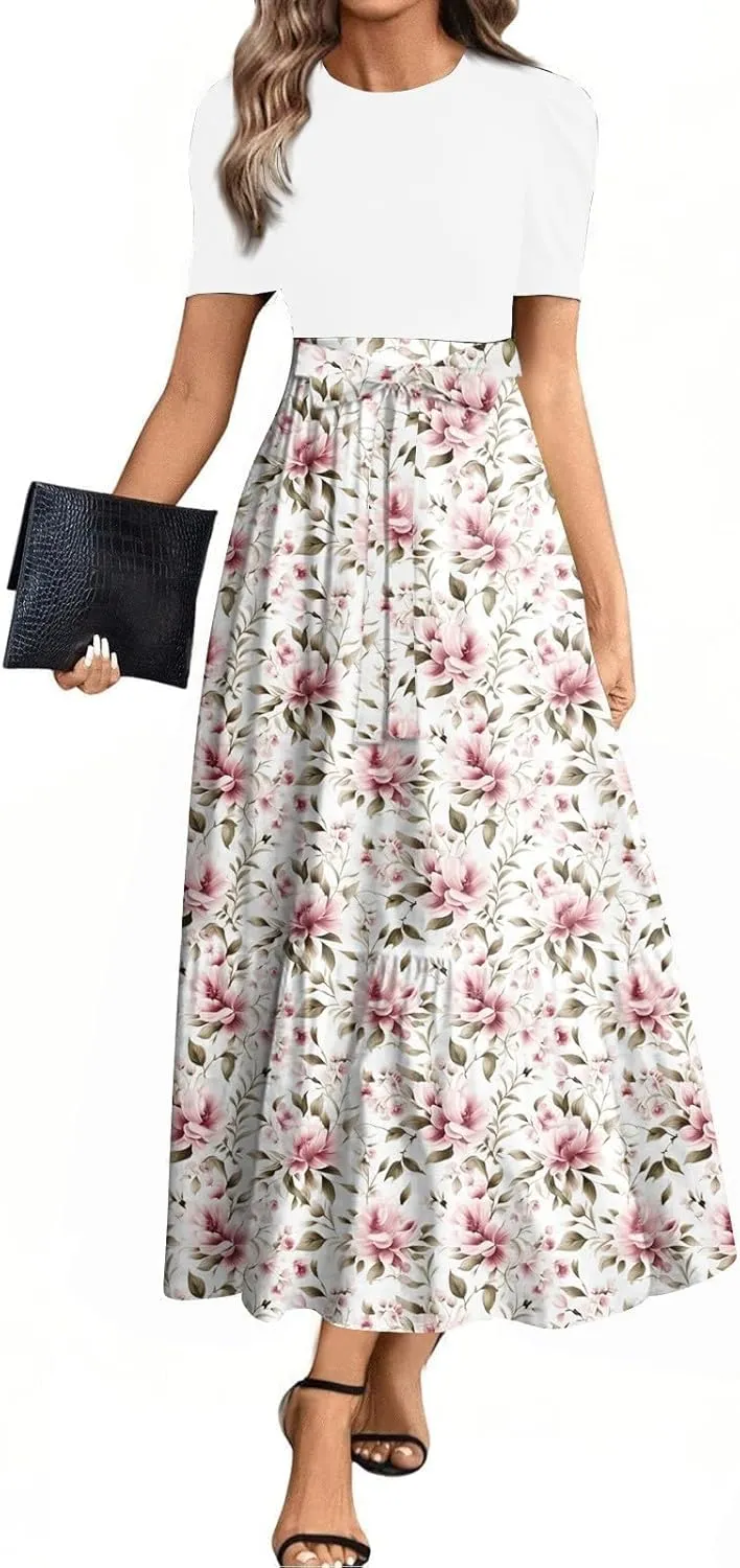 Spring Dresses for Women 2025 Women's Casual Short Sleeves Maxi Dress with High Waist Perfect for Parties and Weddings