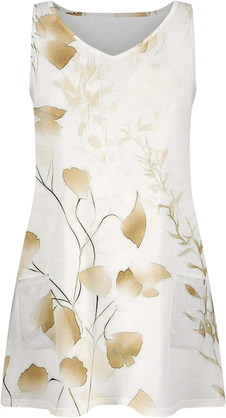 Summer Dress Summer Dresses for Women Beach Boho Sleeveless Vintage Floral Flowy Pocket Tshirt Tank Sundresses