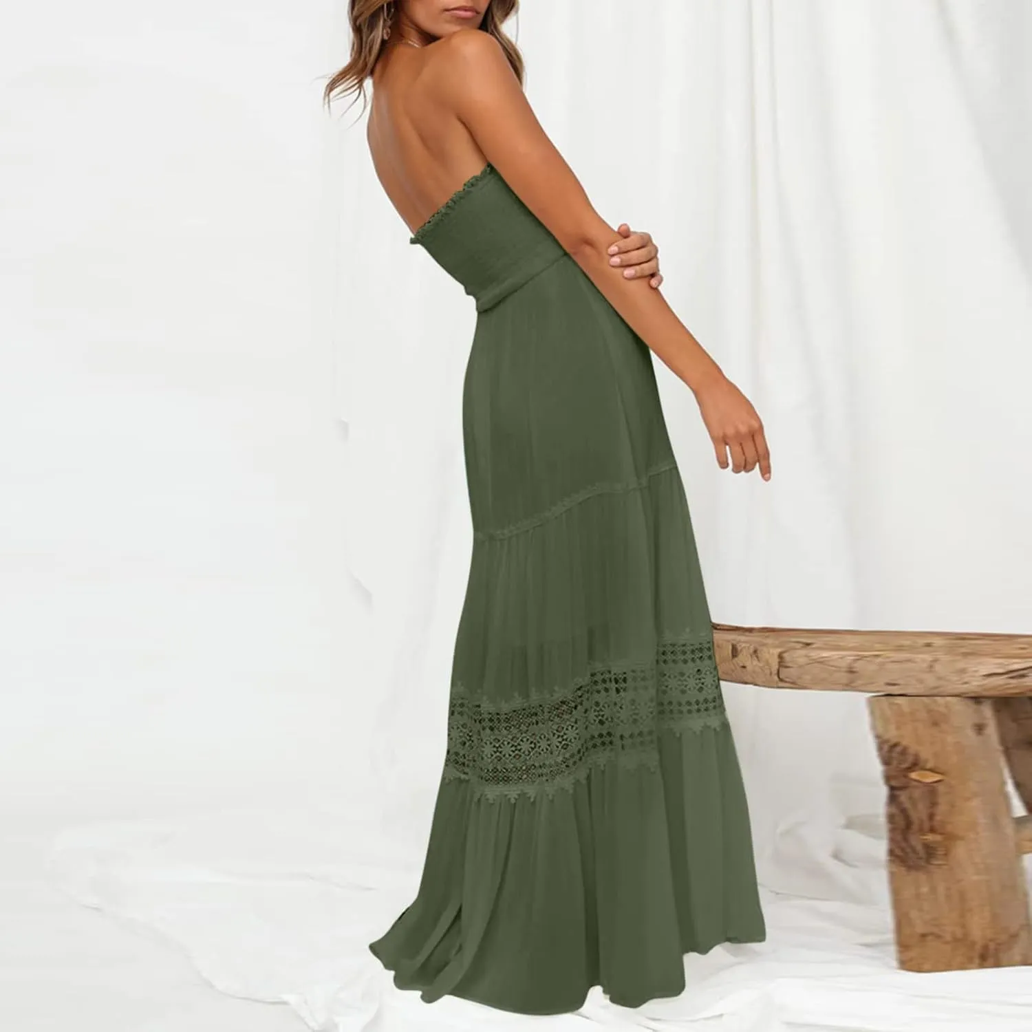 Summer Dresses for Women 2024 Strapless Off Shoulder Crochet Lace Trim Flowy A Line Wedding Guest Dress Beach Long Maxi Dress