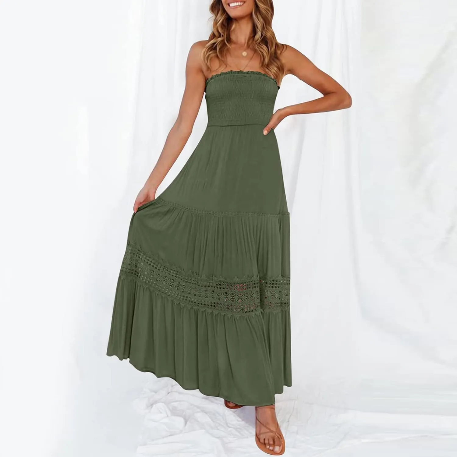 Summer Dresses for Women 2024 Strapless Off Shoulder Crochet Lace Trim Flowy A Line Wedding Guest Dress Beach Long Maxi Dress