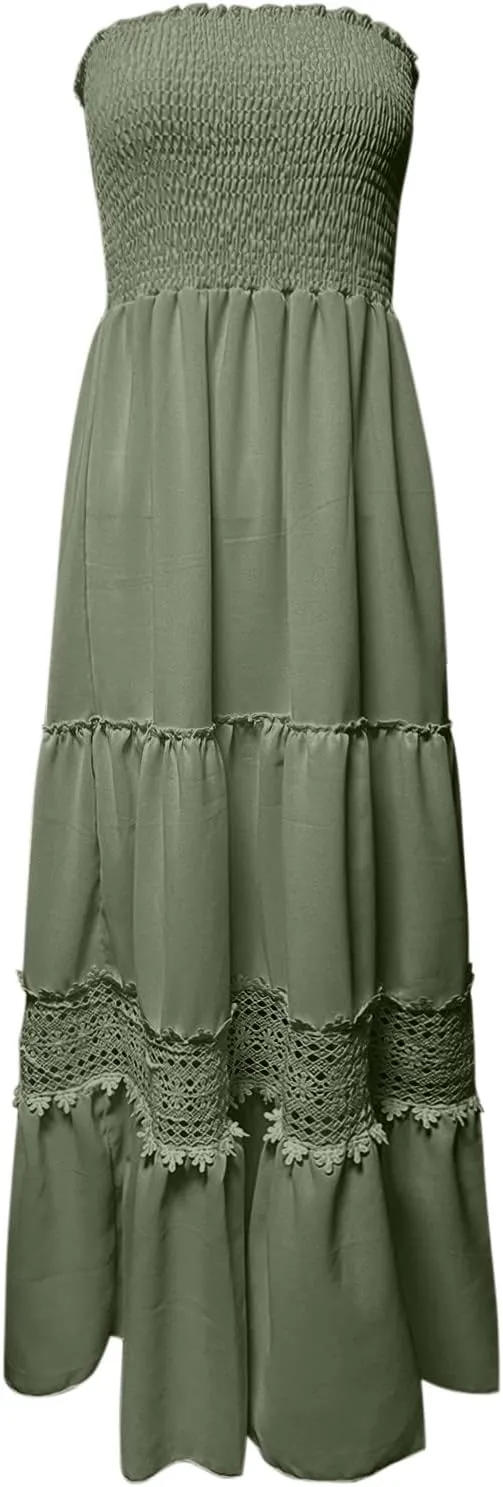 Summer Dresses for Women 2024 Strapless Off Shoulder Crochet Lace Trim Flowy A Line Wedding Guest Dress Beach Long Maxi Dress