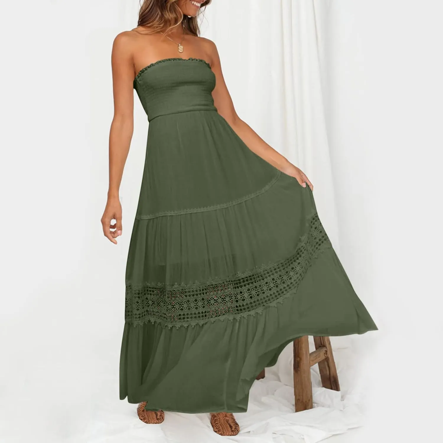 Summer Dresses for Women 2024 Strapless Off Shoulder Crochet Lace Trim Flowy A Line Wedding Guest Dress Beach Long Maxi Dress