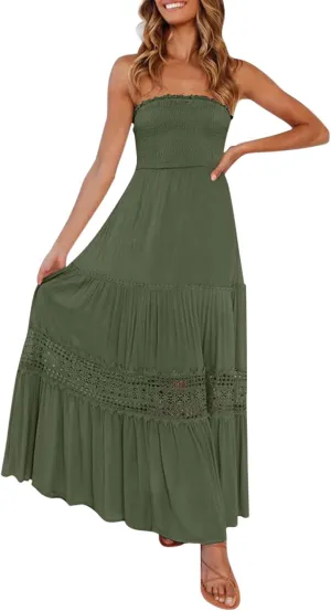 Summer Dresses for Women 2024 Strapless Off Shoulder Crochet Lace Trim Flowy A Line Wedding Guest Dress Beach Long Maxi Dress