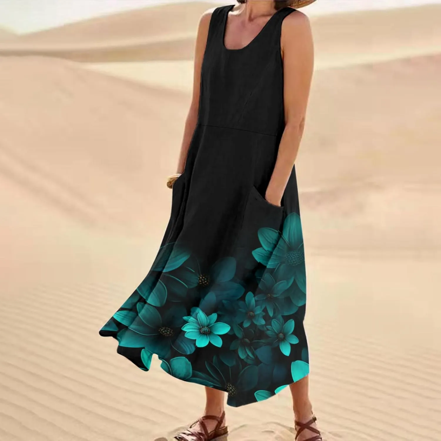 Summer Dresses for Women 2024 Vacation Linen Sleeveless Boho Floral Print Beach Sundress Casual Baggy Maxi Dress with Pockets