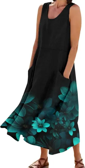 Summer Dresses for Women 2024 Vacation Linen Sleeveless Boho Floral Print Beach Sundress Casual Baggy Maxi Dress with Pockets