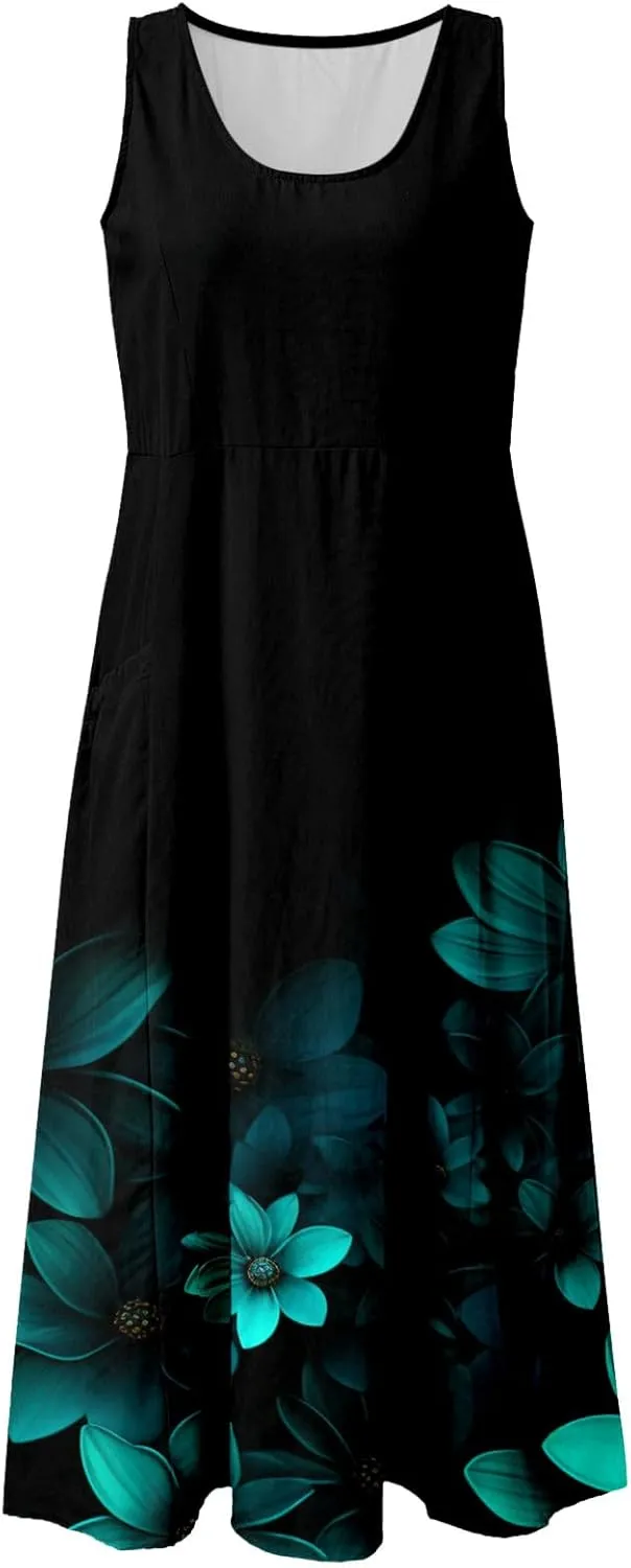 Summer Dresses for Women 2024 Vacation Linen Sleeveless Boho Floral Print Beach Sundress Casual Baggy Maxi Dress with Pockets
