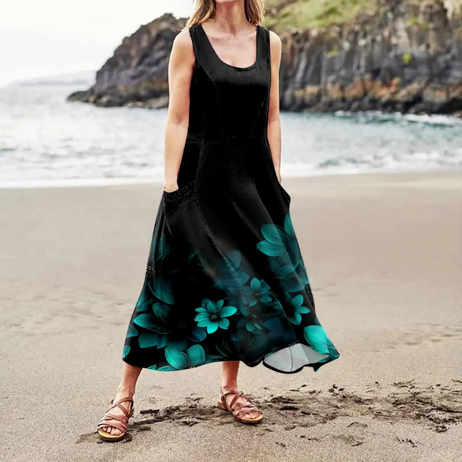 Summer Dresses for Women 2024 Vacation Linen Sleeveless Boho Floral Print Beach Sundress Casual Baggy Maxi Dress with Pockets