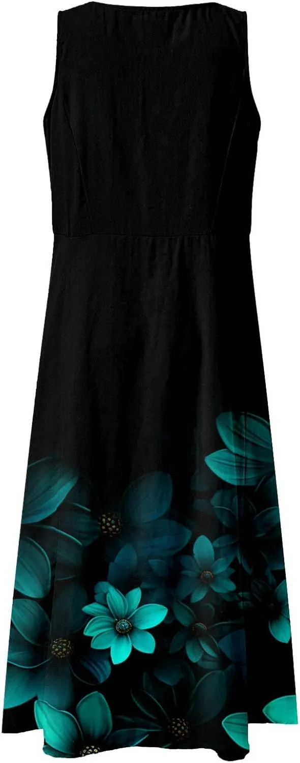 Summer Dresses for Women 2024 Vacation Linen Sleeveless Boho Floral Print Beach Sundress Casual Baggy Maxi Dress with Pockets