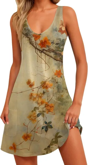 Summer Dresses for Women 2025 Casual Boho Beach Sundresses V-Neck Sleeveless T Shirt Dresses Loose Floral Tank Dress