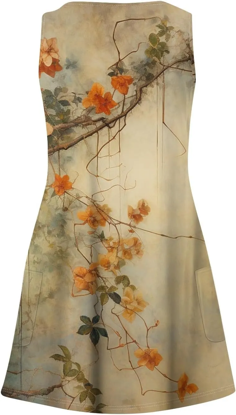 Summer Dresses for Women 2025 Casual Boho Beach Sundresses V-Neck Sleeveless T Shirt Dresses Loose Floral Tank Dress