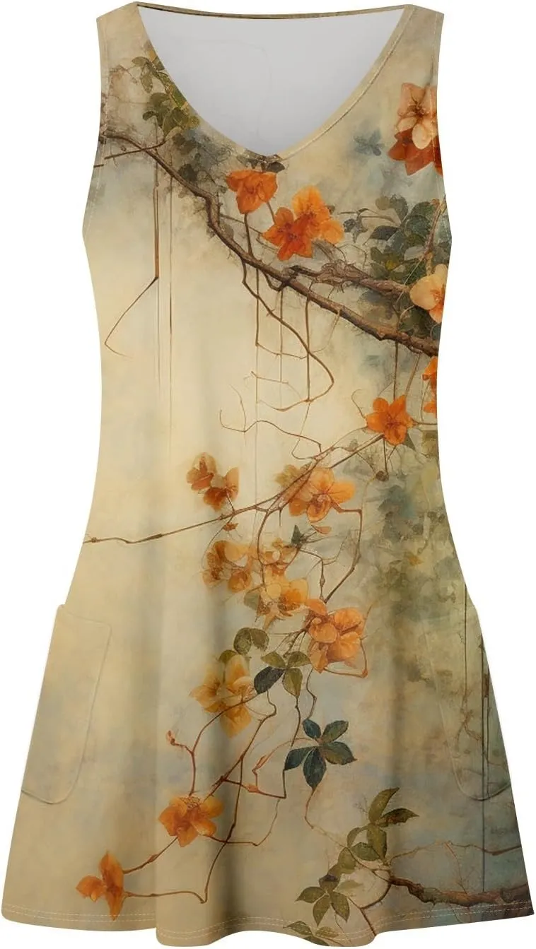 Summer Dresses for Women 2025 Casual Boho Beach Sundresses V-Neck Sleeveless T Shirt Dresses Loose Floral Tank Dress