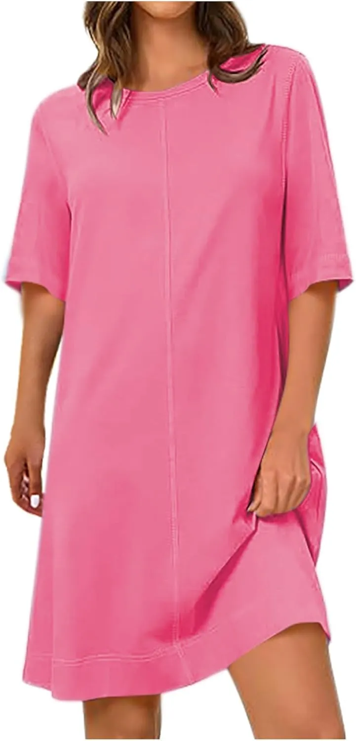 Summer Dresses for Women 2025 Casual Short Sleeve Solid Color Sundress Loose Fit Round Neck Vacation Beach Dress