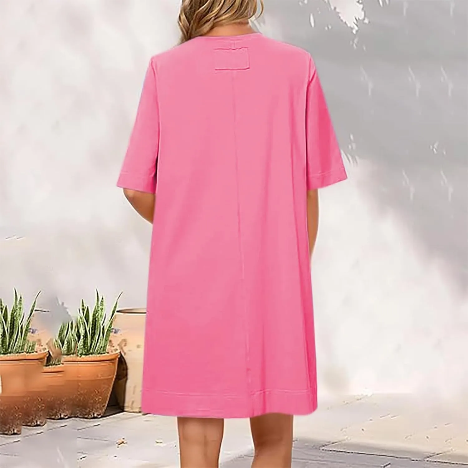 Summer Dresses for Women 2025 Casual Short Sleeve Solid Color Sundress Loose Fit Round Neck Vacation Beach Dress