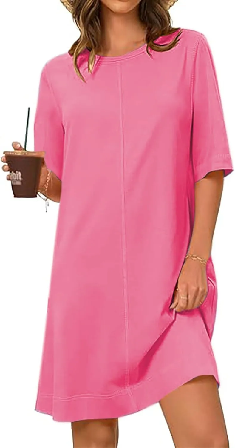 Summer Dresses for Women 2025 Casual Short Sleeve Solid Color Sundress Loose Fit Round Neck Vacation Beach Dress