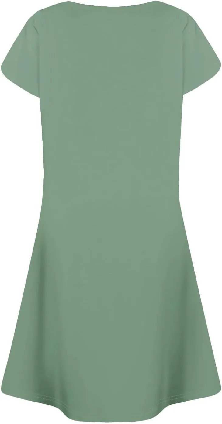 Summer Dresses for Women 2025 Casual T Shirt Dresses Crew Neck Floral Short Sleeve Dress Pleated Front Beach Dress