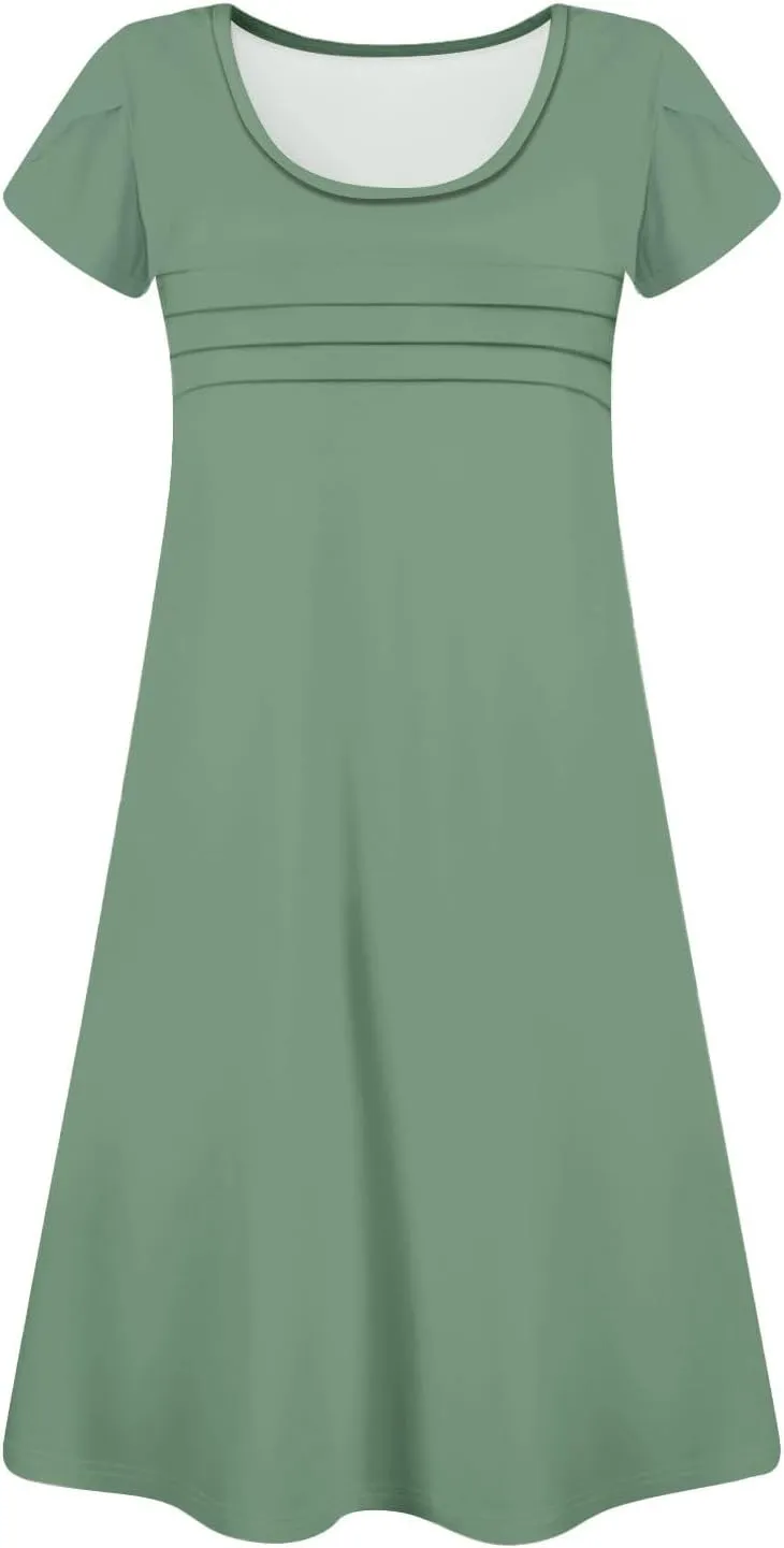 Summer Dresses for Women 2025 Casual T Shirt Dresses Crew Neck Floral Short Sleeve Dress Pleated Front Beach Dress