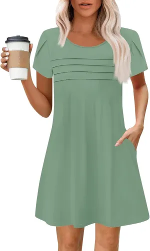 Summer Dresses for Women 2025 Casual T Shirt Dresses Crew Neck Floral Short Sleeve Dress Pleated Front Beach Dress