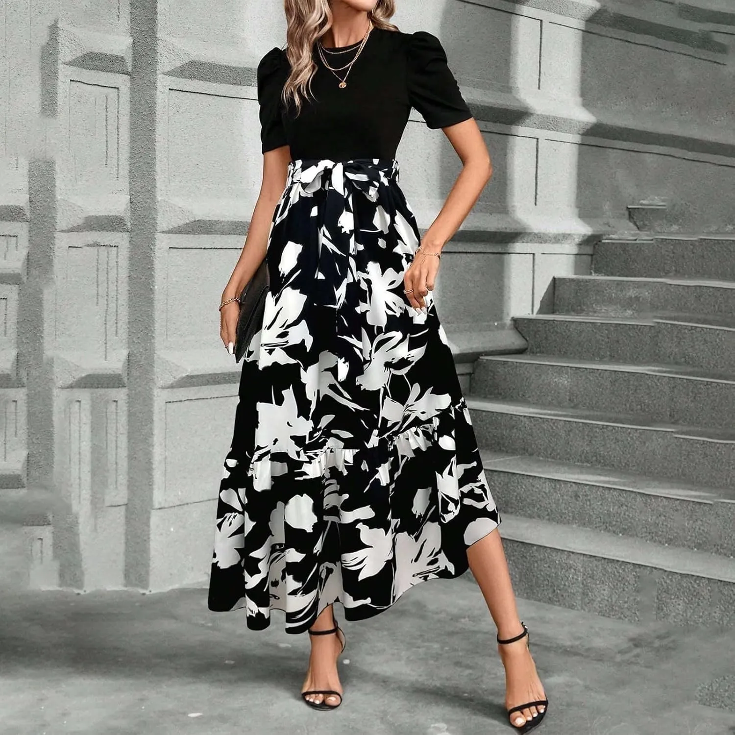 Summer Dresses for Women 2025 Casual V-Neck Tshirt Dress Aline Beach Midi Dresses Floral Flowy Short Sleeve Dress