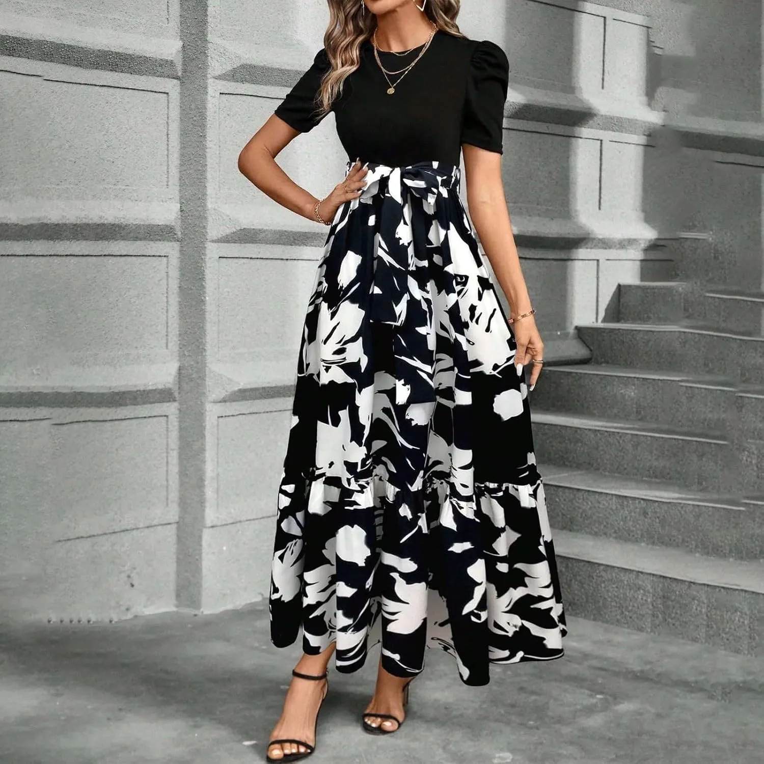 Summer Dresses for Women 2025 Casual V-Neck Tshirt Dress Aline Beach Midi Dresses Floral Flowy Short Sleeve Dress