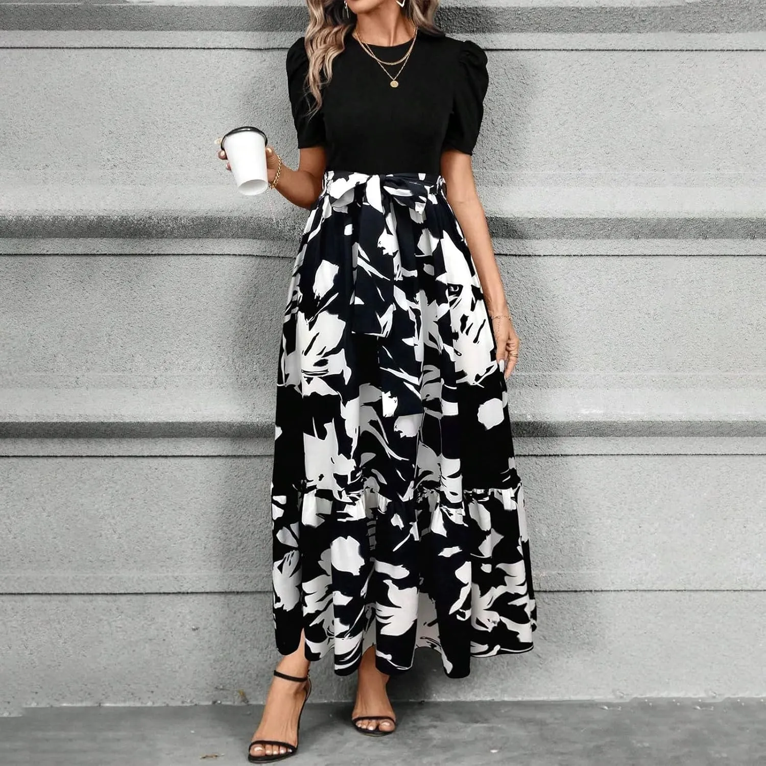 Summer Dresses for Women 2025 Casual V-Neck Tshirt Dress Aline Beach Midi Dresses Floral Flowy Short Sleeve Dress