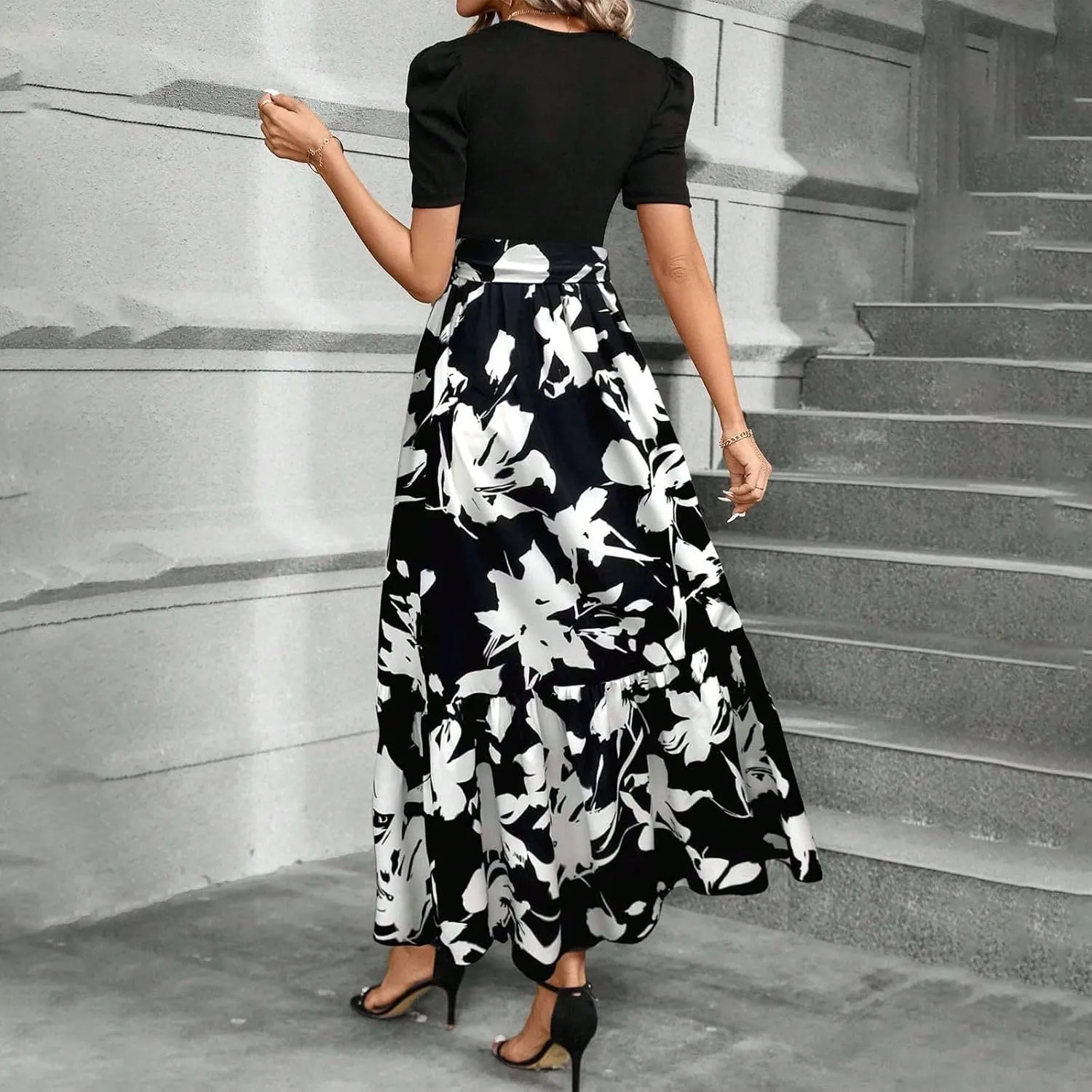 Summer Dresses for Women 2025 Casual V-Neck Tshirt Dress Aline Beach Midi Dresses Floral Flowy Short Sleeve Dress