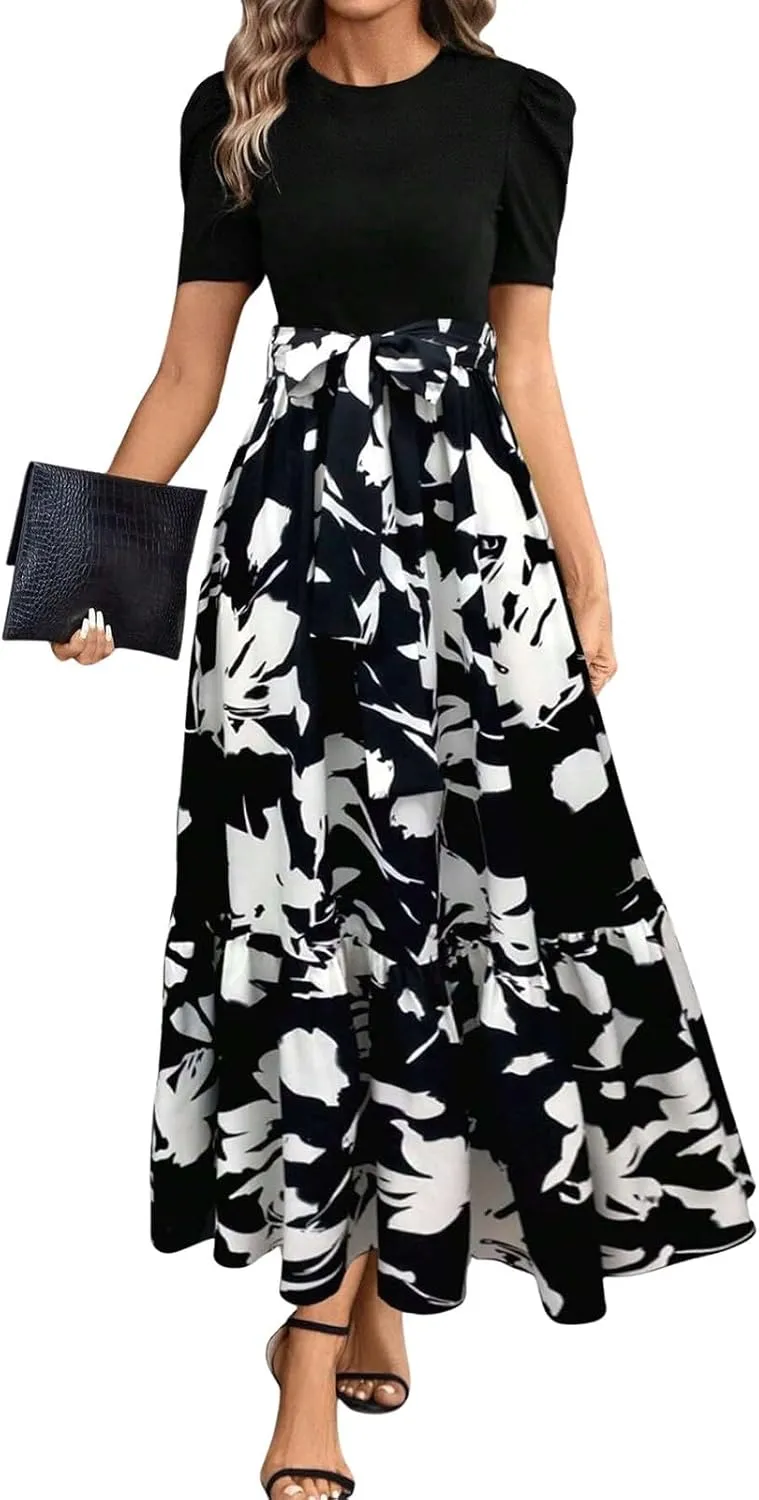 Summer Dresses for Women 2025 Casual V-Neck Tshirt Dress Aline Beach Midi Dresses Floral Flowy Short Sleeve Dress