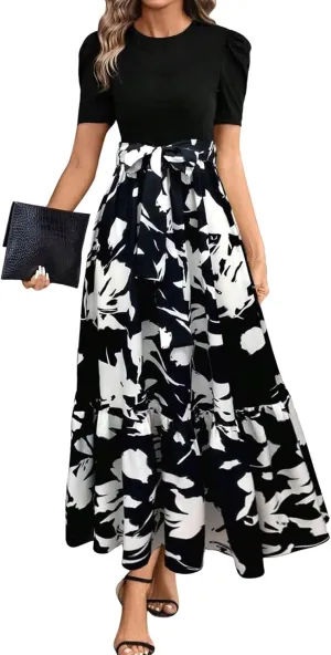 Summer Dresses for Women 2025 Casual V-Neck Tshirt Dress Aline Beach Midi Dresses Floral Flowy Short Sleeve Dress