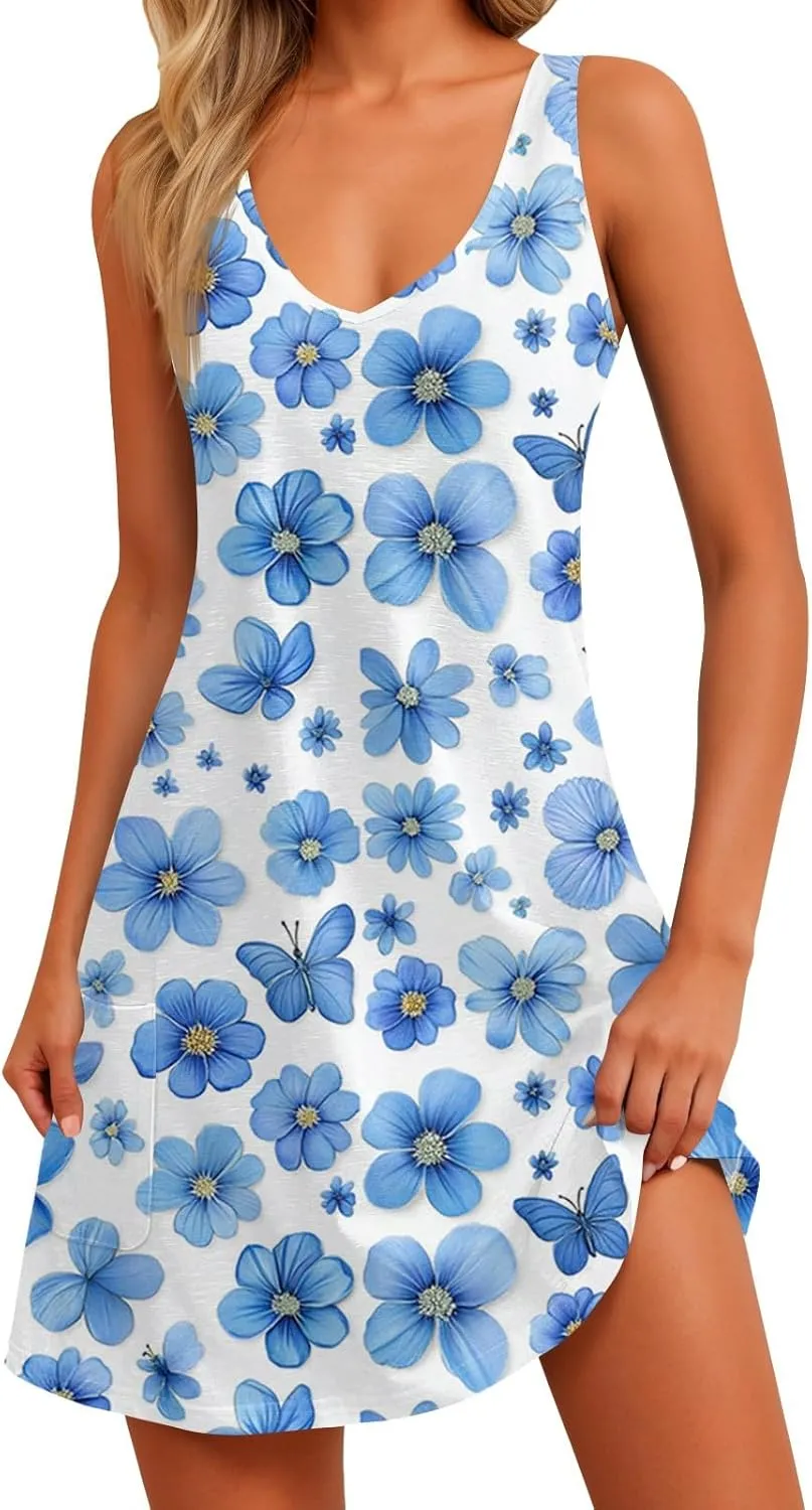 Summer Dresses for Women 2025 Floral Loose T Shirt Dresses V-Neck Boho Beach Tank Dress Casual Sleeveless Sundresses