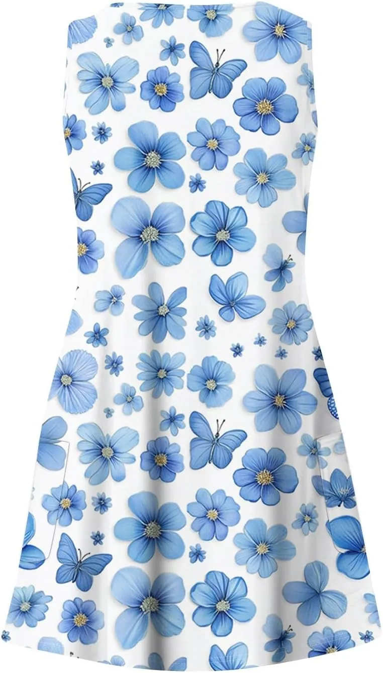 Summer Dresses for Women 2025 Floral Loose T Shirt Dresses V-Neck Boho Beach Tank Dress Casual Sleeveless Sundresses