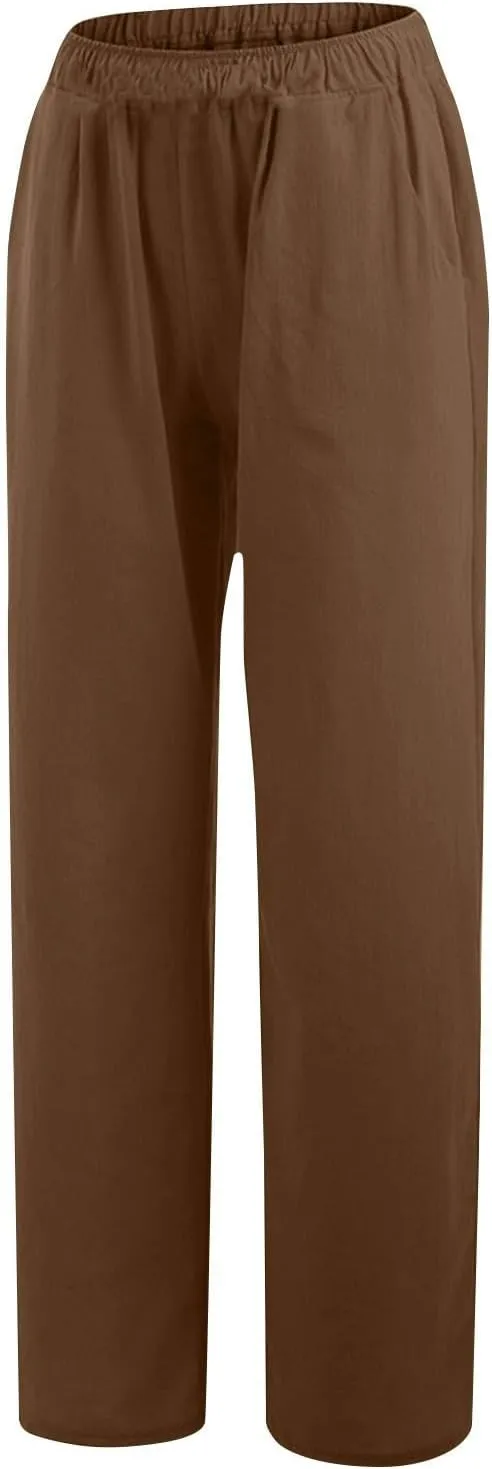 Summer Wide Leg Trousers for Women Trendy Elastic Waist Cotton Linen Pants Ladies Beach Palazzo Pants with Pockets