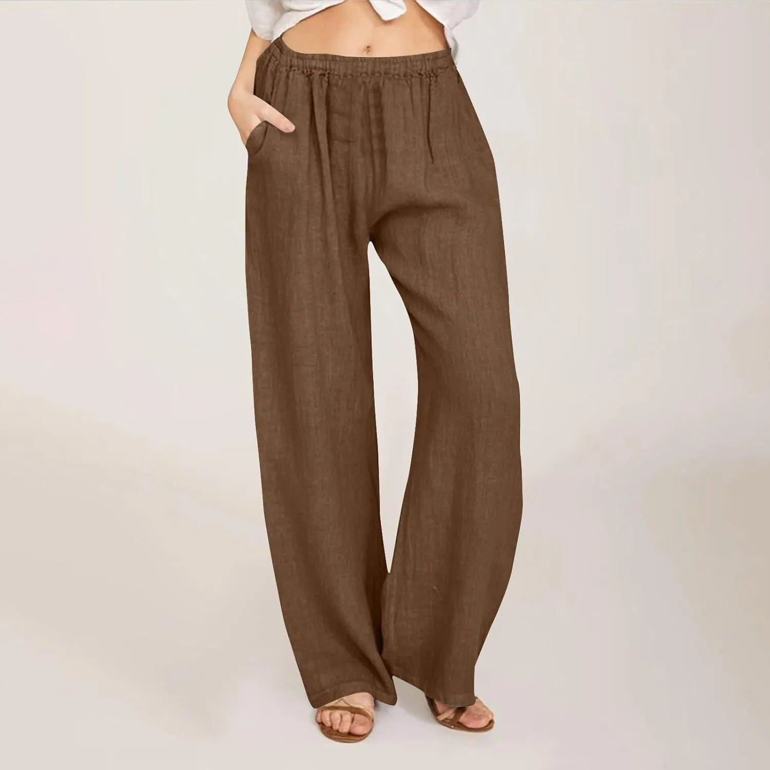 Summer Wide Leg Trousers for Women Trendy Elastic Waist Cotton Linen Pants Ladies Beach Palazzo Pants with Pockets