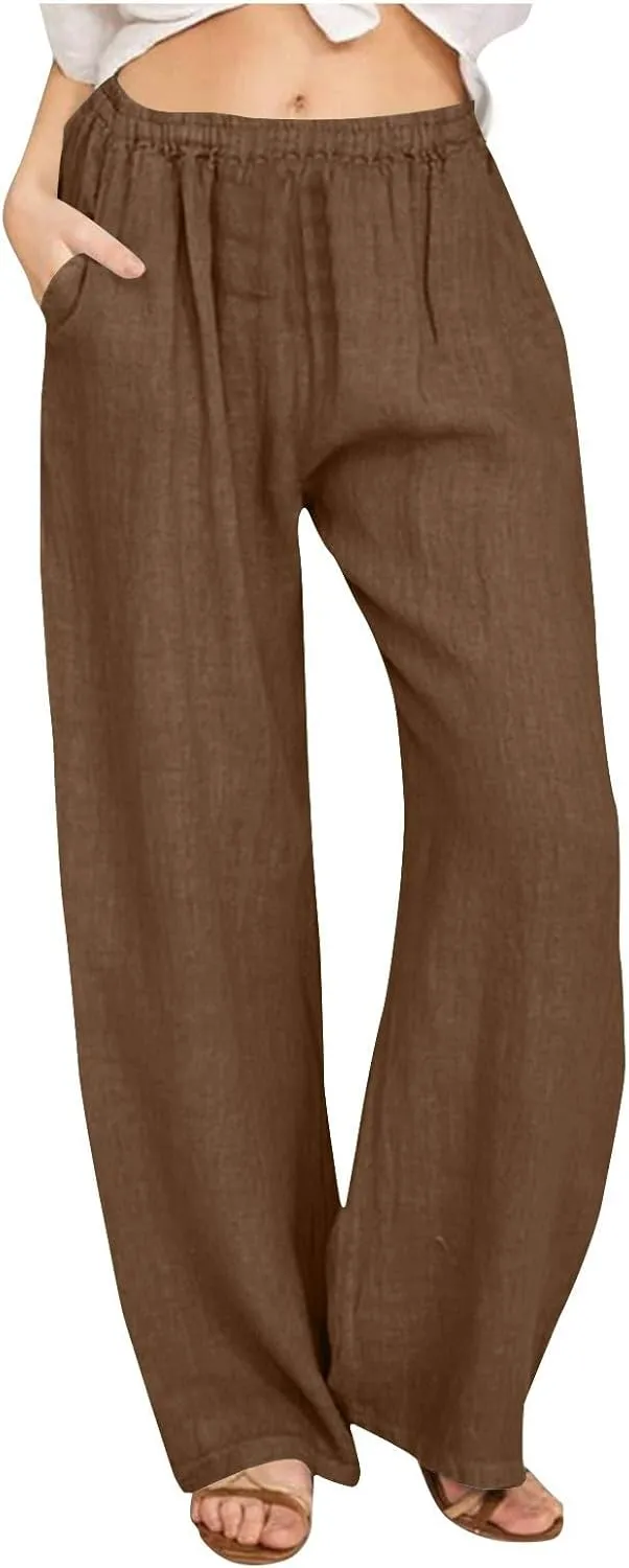 Summer Wide Leg Trousers for Women Trendy Elastic Waist Cotton Linen Pants Ladies Beach Palazzo Pants with Pockets