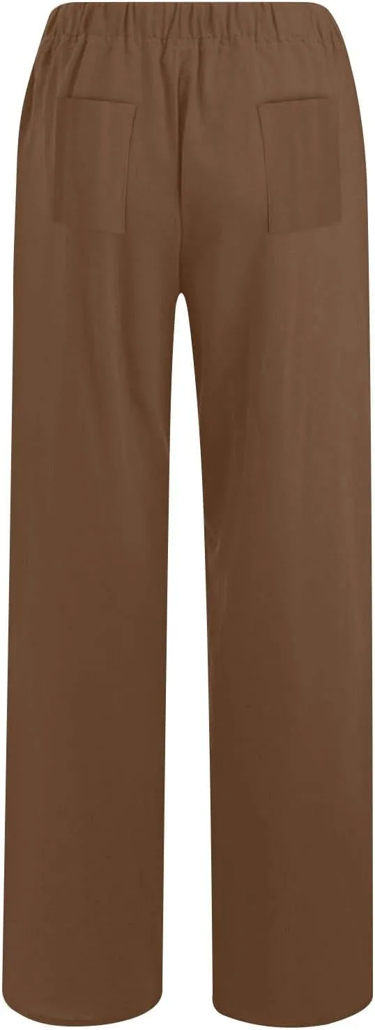Summer Wide Leg Trousers for Women Trendy Elastic Waist Cotton Linen Pants Ladies Beach Palazzo Pants with Pockets