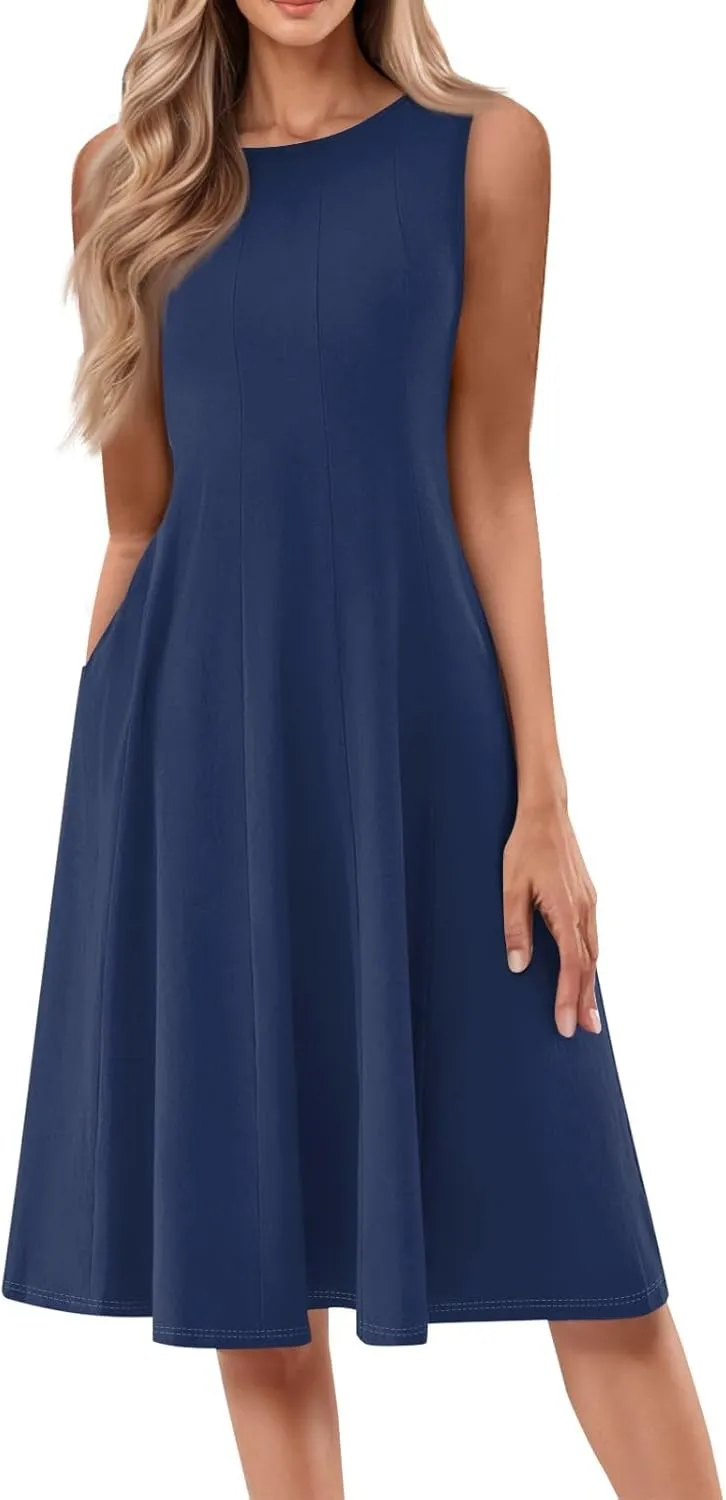 Sundresses for Women 2025 Trendy Crewneck Sleeve Summer Dresses Flowy Midi Dress Fashion Beach Vacation Outfits