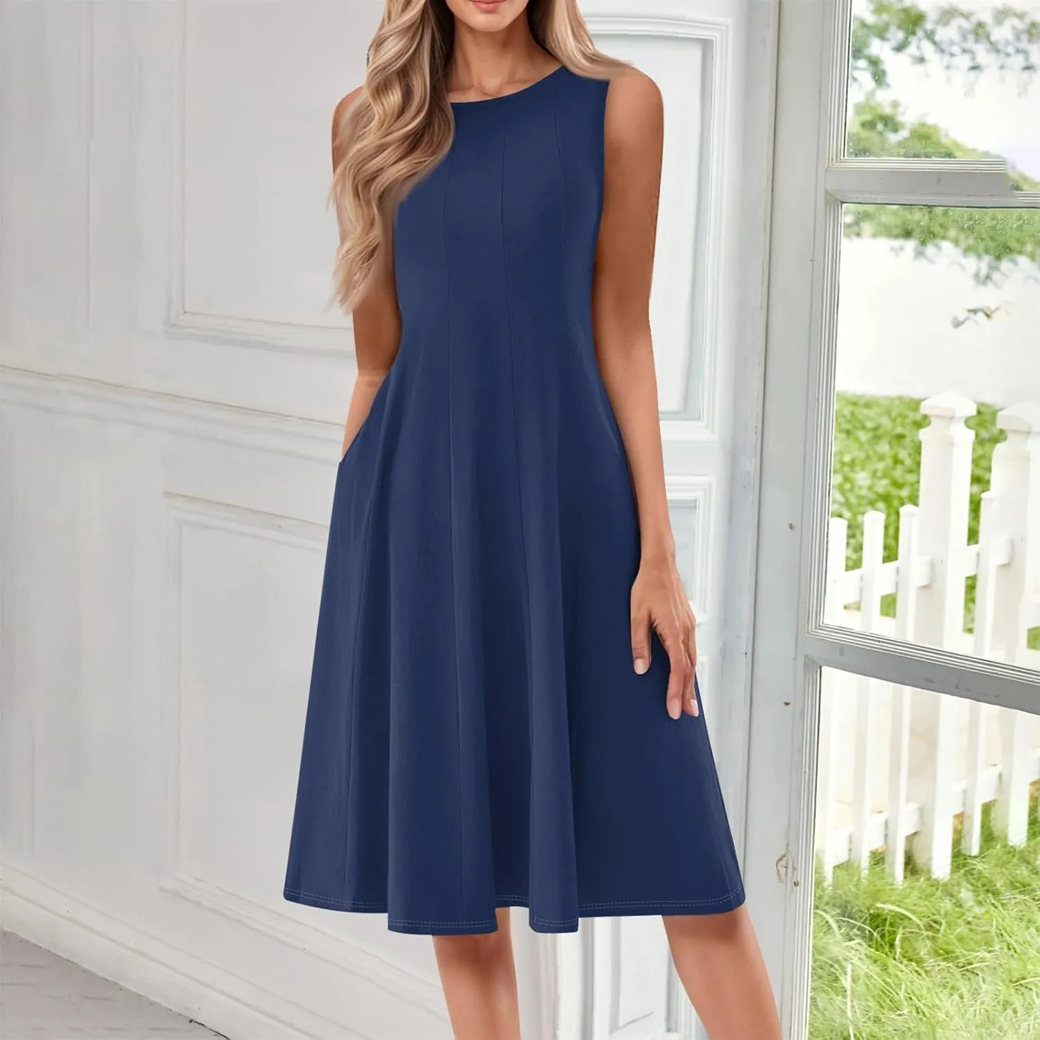 Sundresses for Women 2025 Trendy Crewneck Sleeve Summer Dresses Flowy Midi Dress Fashion Beach Vacation Outfits