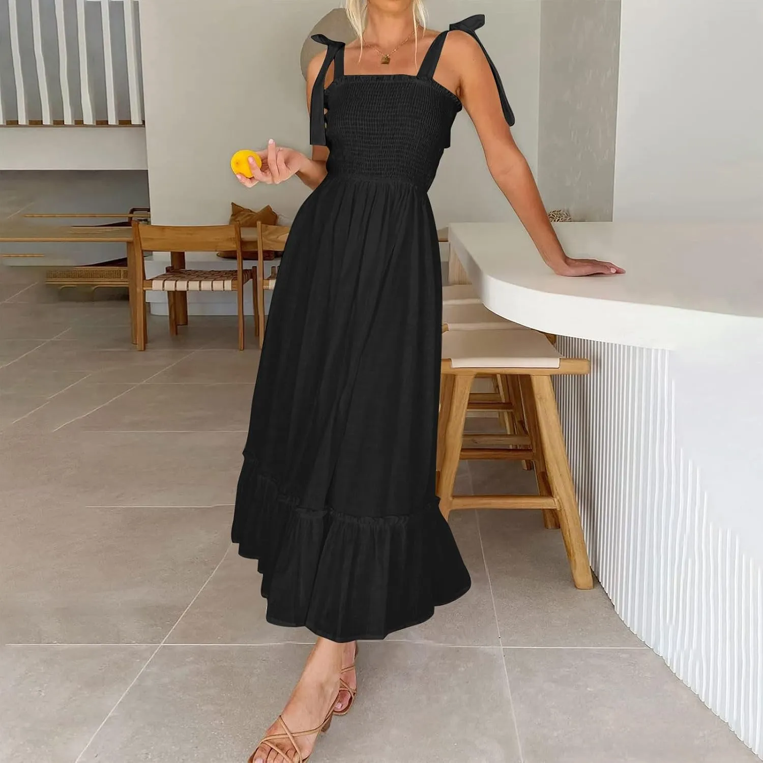 Sundresses for Women Fashion Strap Square Neck Sleeveless Summer Dresses Casual Beach Vacation Long Maxi A Line Dress