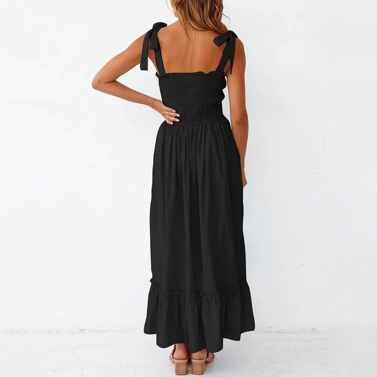 Sundresses for Women Fashion Strap Square Neck Sleeveless Summer Dresses Casual Beach Vacation Long Maxi A Line Dress