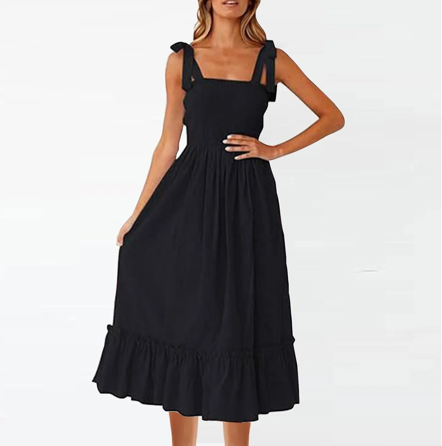 Sundresses for Women Fashion Strap Square Neck Sleeveless Summer Dresses Casual Beach Vacation Long Maxi A Line Dress