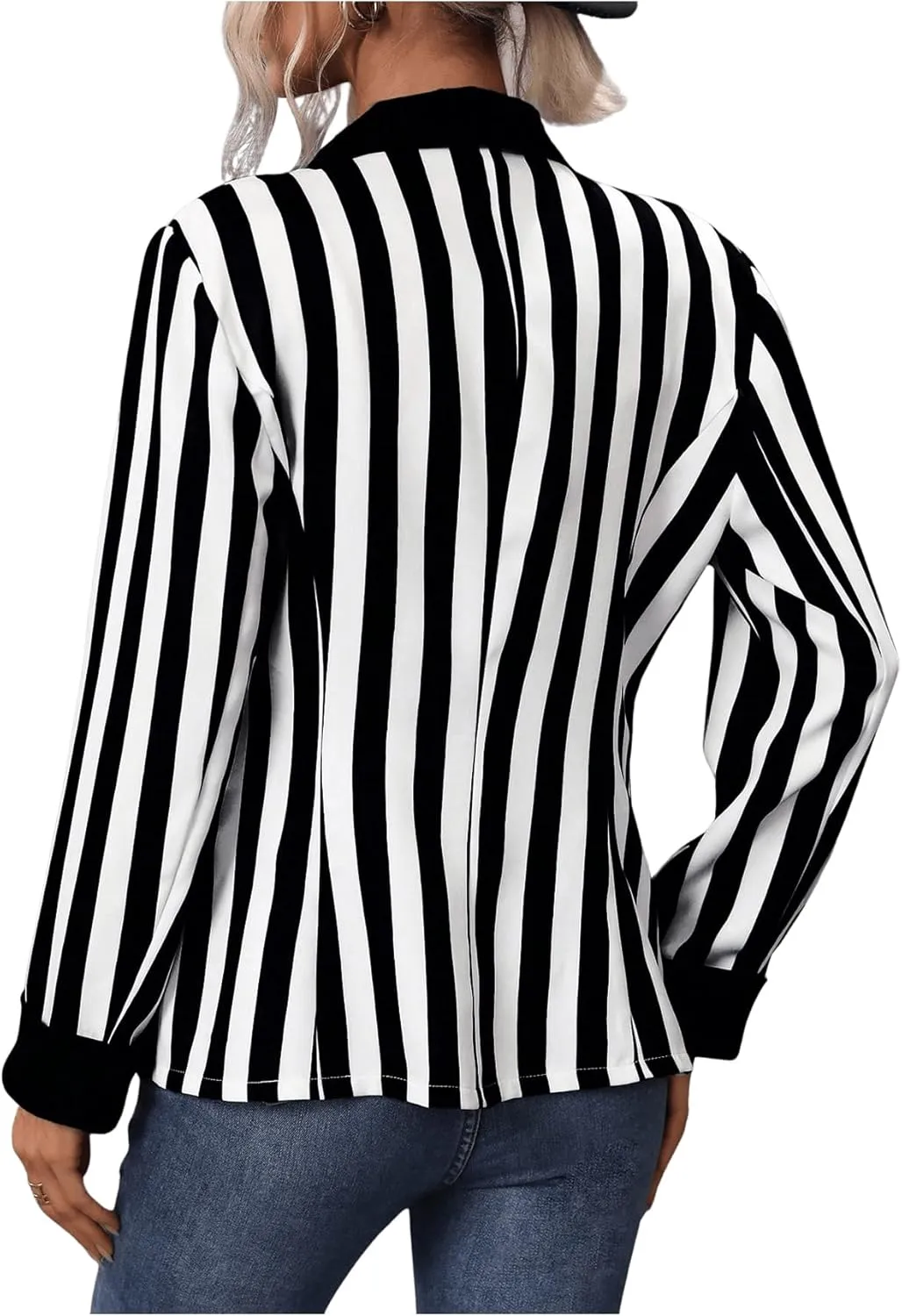 SweatyRocks Women's Black and White Striped Blazer Lapel Open Front Button Long Sleeve Work Office Jacket