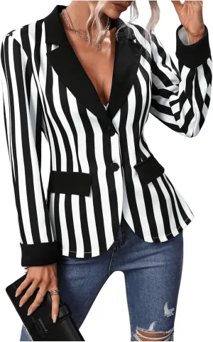 SweatyRocks Women's Black and White Striped Blazer Lapel Open Front Button Long Sleeve Work Office Jacket
