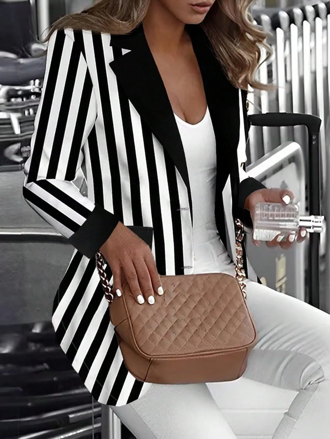 SweatyRocks Women's Black and White Striped Blazer Lapel Open Front Button Long Sleeve Work Office Jacket