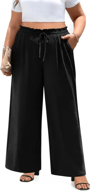 syoss Women's Plus Size Pants High Waist Adjustable Knot Lounge Pants Straight Long Trousers with Pockets