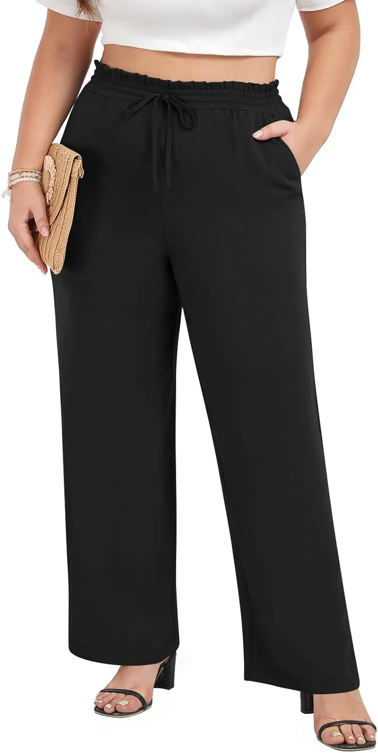 syoss Women's Plus Size Pants High Waist Adjustable Knot Lounge Pants Straight Long Trousers with Pockets