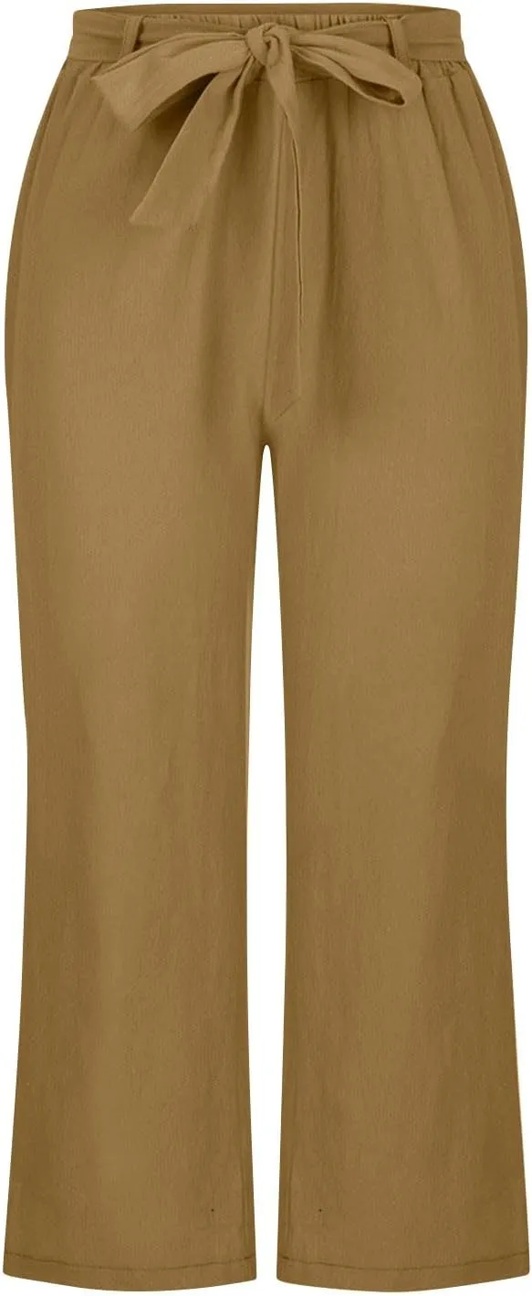 TANGNADE Capri Pants for Women Plus Size Dressy Casual Summer Cotton Linen Crop Pants Elastic Waist Vacation Trouser