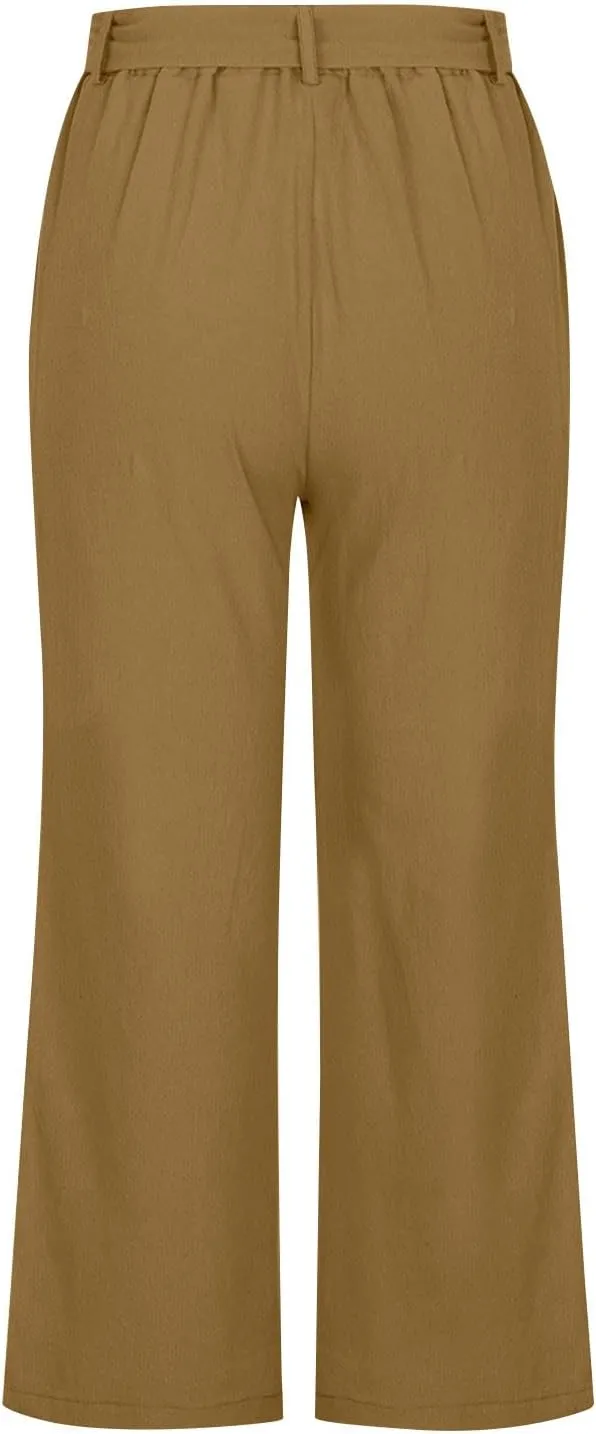 TANGNADE Capri Pants for Women Plus Size Dressy Casual Summer Cotton Linen Crop Pants Elastic Waist Vacation Trouser