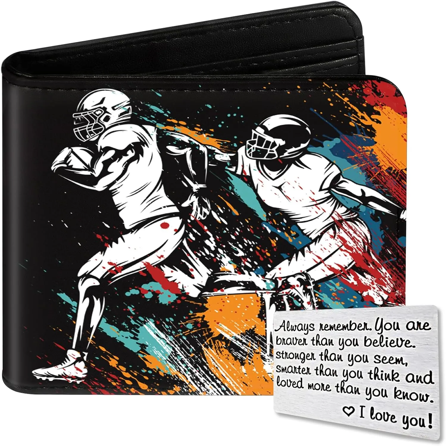 Teen Boys Wallet, Cool Football Wallets for Kids Son 9-12/8-10/8-12 with Wallet Card, Funny Leather Bifold Rfid Blocking Wallet, Purse Coin Pocket Id Window for Men Boy Male Youth Guys Gifts